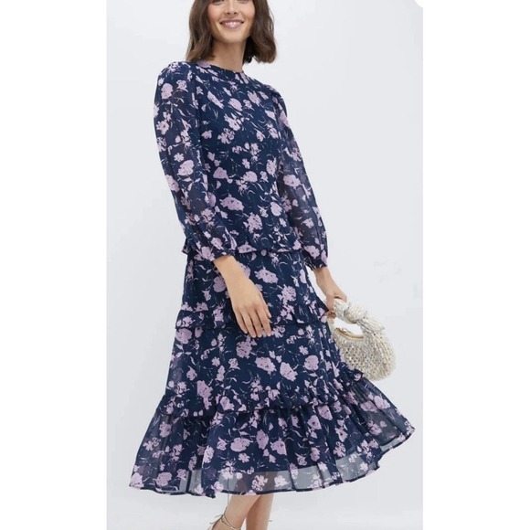 Hyacinth House Dresses & Skirts - Hyacinth House Shift Midi Dress Womens Size Large Ruffle Navy Dusty Pink Floral